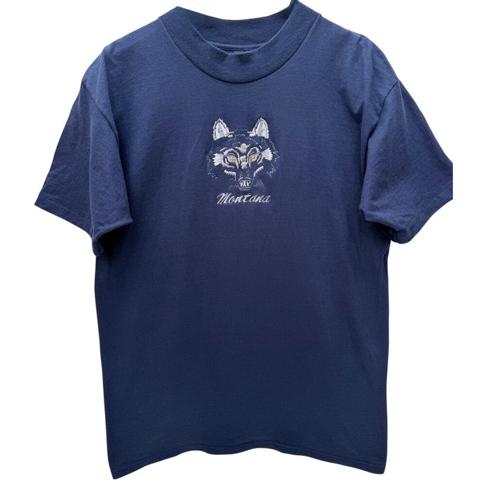 Montana Wolf Graphic T Shirt Mens Large Blue H.I Miller Gold Made USA Tee